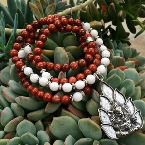 108 Mala Beads | Red Jasper & White Jade Mala with Ganesh Ganesha Charm | Yoga Meditation Beads, Hindu Prayer Beads | Buddha Buddhist Rosary
