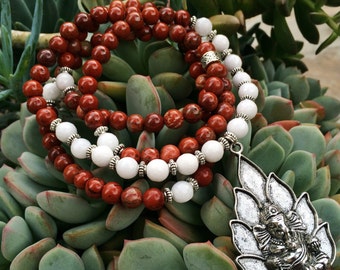 108 Mala Beads | Red Jasper & White Jade Mala with Ganesh Ganesha Charm | Yoga Meditation Beads, Hindu Prayer Beads | Buddha Buddhist Rosary