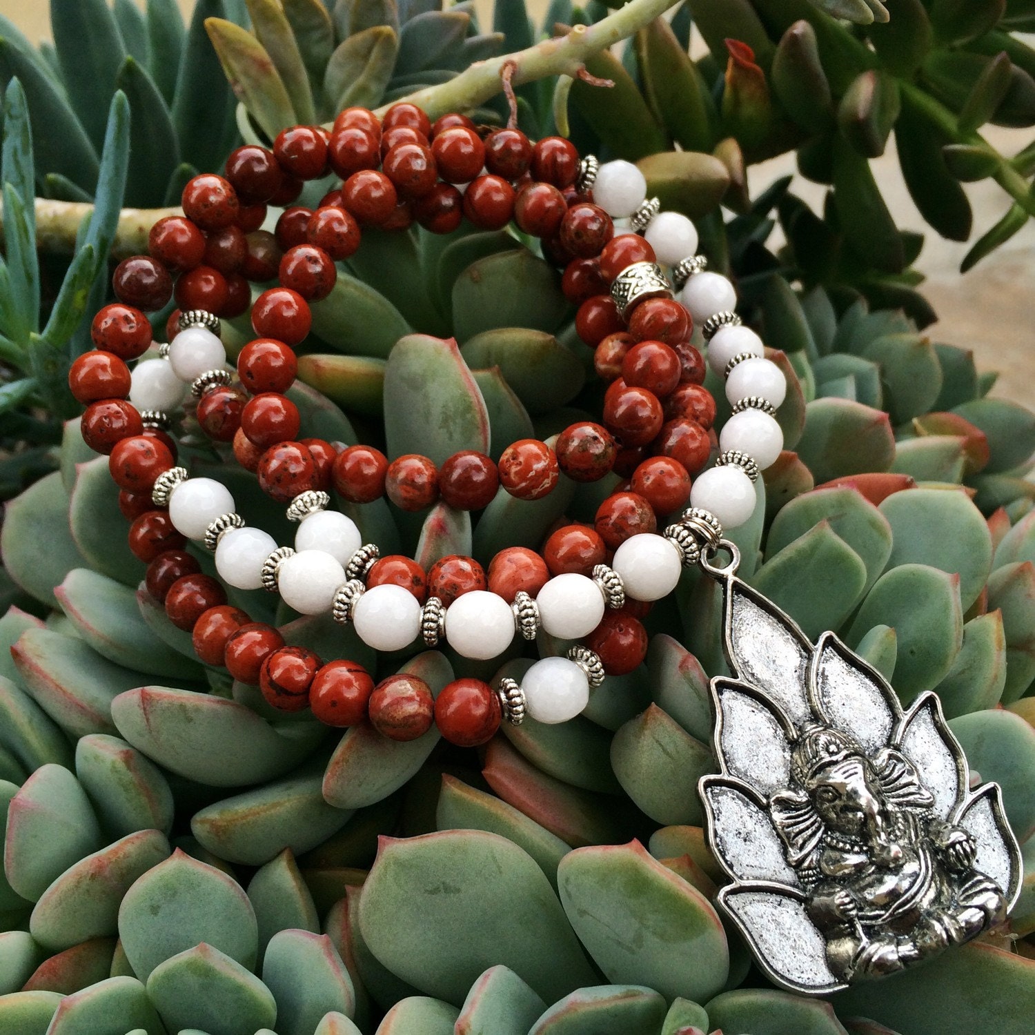 108 Mala Beads, Red Jasper & White Jade Mala with Ganesh Ganesha Charm, Yoga Meditation Beads, Hindu Prayer Beads