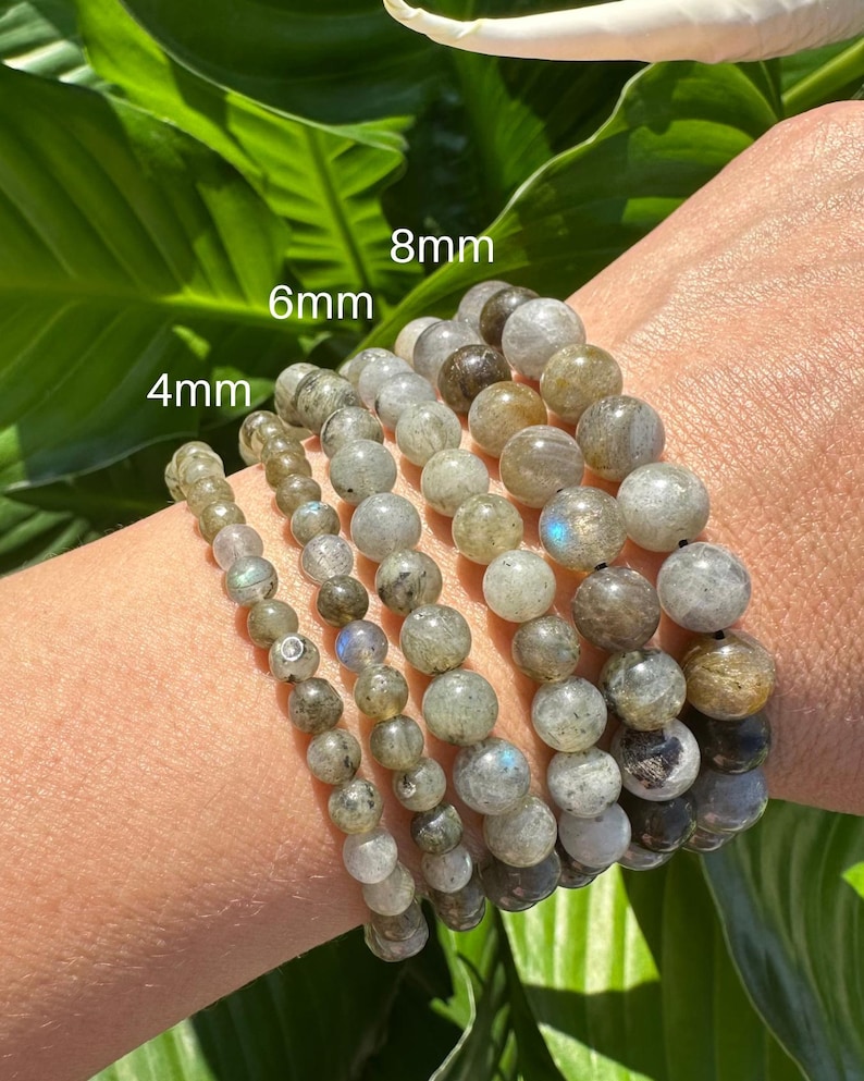 May include: A selection of gemstone bead bracelets in various sizes (4mm, 6mm, and 8mm) are shown. The beads are grey and brown. The bracelets are displayed on a wrist, with green leaves visible in the background.