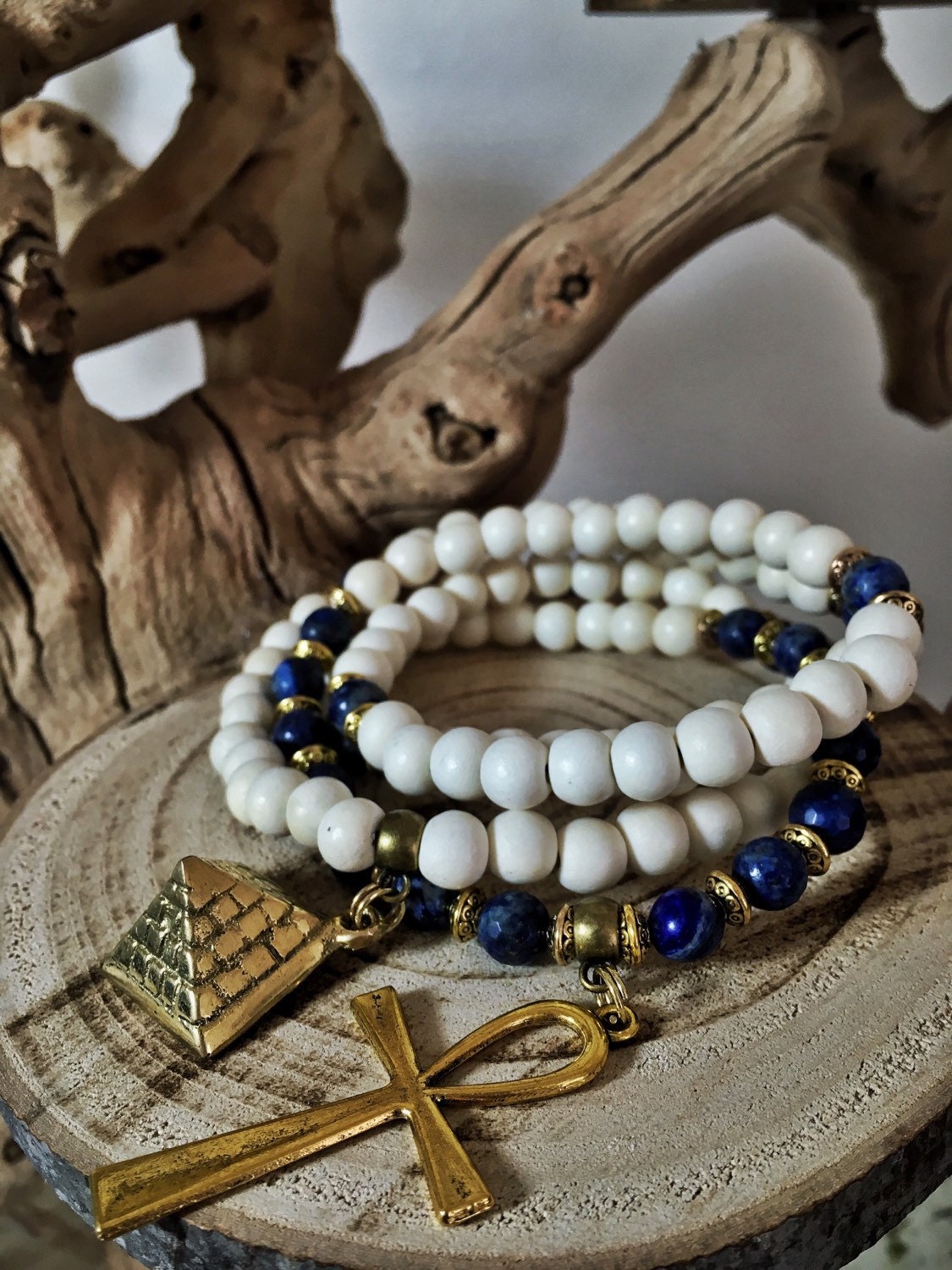 Egyptian Mala Beads Unisex Lapis Lazuli White Wood 108 Bead