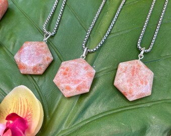 SUNSTONE Faceted Hexagon Crystal Necklace on Antique Silver Chain | Crystal Healing Necklace for Joy, Happiness, Confidence