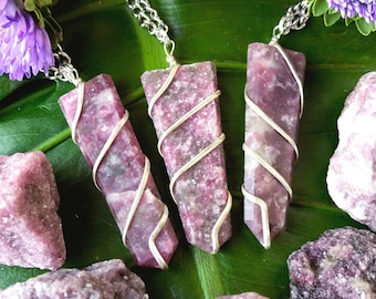 LEPIDOLITE Crystal Point Necklace on Silver Pewter Chain | Polished Purple Lepidolite Point Pendant, Crystal Healing Wire-wrapped Necklace