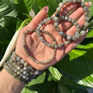 May include: A collection of labradorite bead bracelets in different sizes. The bracelets are made of grey, green, and iridescent beads. The bracelets are displayed against a background of green leaves.