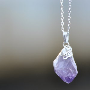 Raw Amethyst Crystal Pendant with &quot;OM&quot; Yoga charm on Silver tone Chain Necklace - Choose Your Length | Aum Ohm | Mayan Rose MayanRose