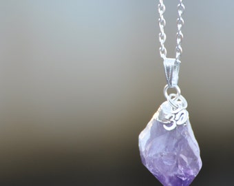 Raw Amethyst Crystal Pendant with "OM" Yoga charm on Silver tone Chain Necklace - Choose Your Length | Aum Ohm | Mayan Rose MayanRose