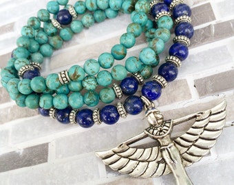 108 Mala Beads | Lapis Lazuli & Turquoise Howlite | Mala Egyptian Goddess Isis Maat | Meditation Prayer Beads, Yoga Rosary | Egypt, Kemet