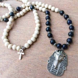 Egyptian 108 Mala Bead Necklace | Lapis Lazuli & White Wood Pharoah Ankh Japa Mala | Meditation Yoga Prayer Beads | Eye of Horus, Egypt