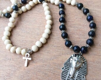 Egyptian 108 Mala Bead Necklace | Lapis Lazuli & White Wood Pharoah Ankh Japa Mala | Meditation Yoga Prayer Beads | Eye of Horus, Egypt