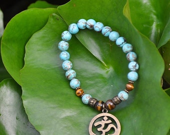 Turquoise Howlite & Tiger Eye Om Bracelet, Beaded Stretch Bracelet with Gold Bronze Aum Om Symbol Charm, Yoga Meditation, Spiritual Jewelry