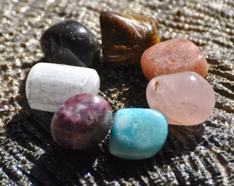 7 CHAKRAS Crystal Healing Set #2: Onyx, Tiger Eye, Sunstone, Rose Quartz Lapis, Lepidolite, Selenite | Meditation Yoga | Seven Chakras