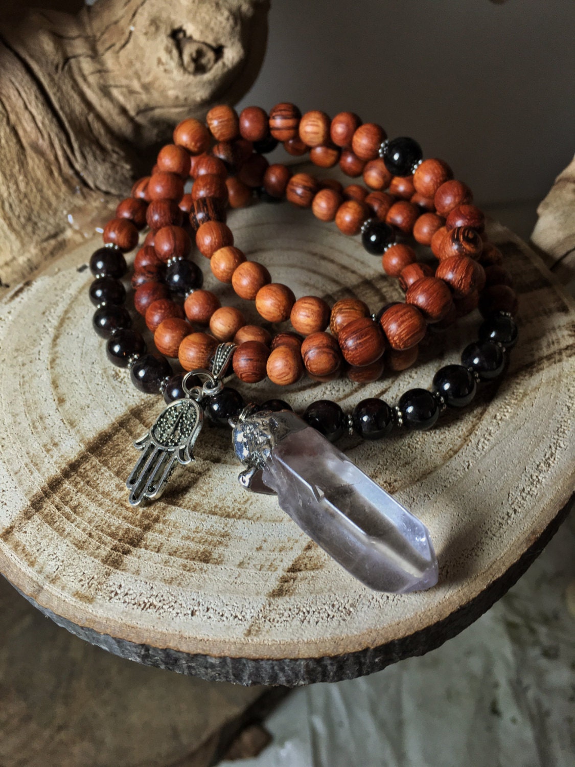 GARNET Mala Beads, Clear Quartz Necklace