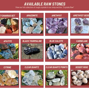 May include: A collection of raw stones, including amethyst, amazonite, apatite, black tourmaline, blue calcite, carnelian, citrine, clear quartz, clear quartz points, and desert rose.  View our full collection of rough crystals in our shop section, "Crystals:Raw".