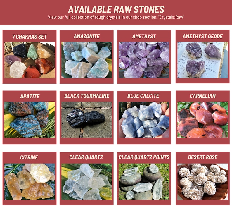May include: A collection of raw stones, including amethyst, amazonite, apatite, black tourmaline, blue calcite, carnelian, citrine, clear quartz, clear quartz points, and desert rose.  View our full collection of rough crystals in our shop section, "Crystals:Raw".