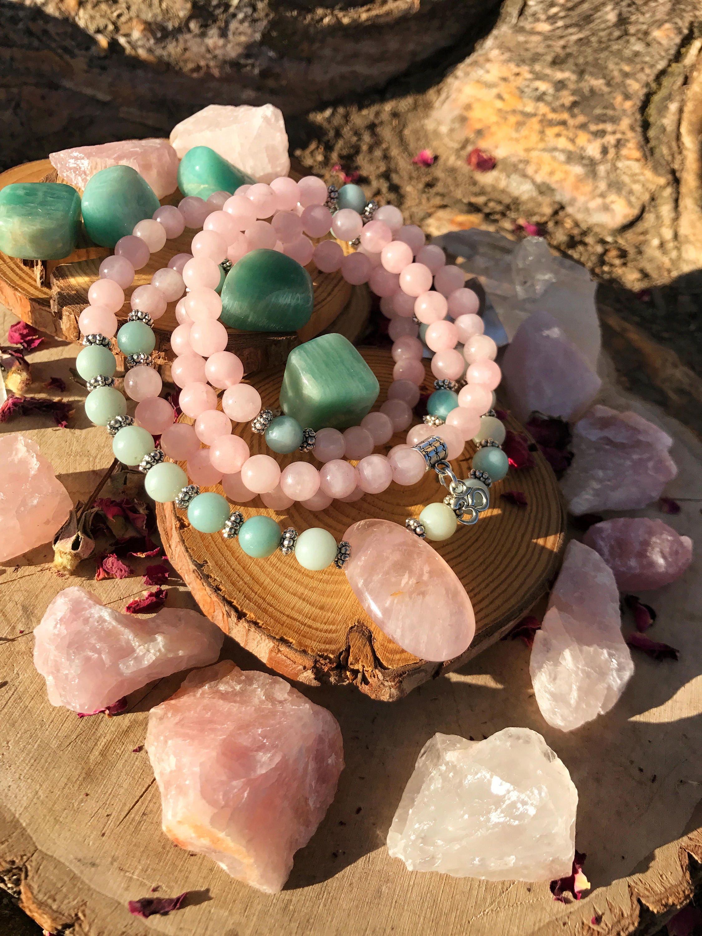 Rose Quartz Prayer Bead Necklace Crsytal Meditation Pagan Arcane Trail