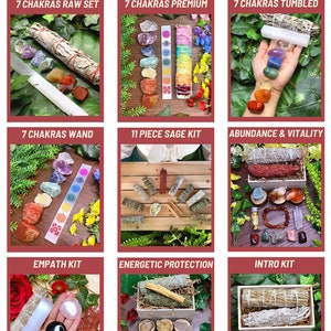 May include: A collection of seven chakra crystal sets, including raw, tumbled, and wand options. Also included are sage kits, an abundance and vitality set, an empath kit, an energetic protection kit, and an intro kit.  Additional sets are available for purchase in the shop section, "Gift Sets & Kits".