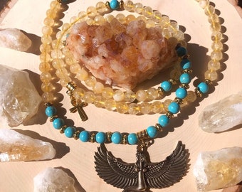 CITRINE & TURQUOISE HOWLITE Mala Beads with Egyptian Goddess Isis | Crystal Healing 108 Bead Mala for Meditation, Yoga, Prayer Beads, Ankh