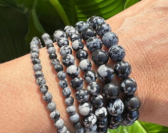 Snowflake Obsidian Bracelet, 4mm, 6mm, 8mm Bead Stretch Bracelets, Premium Natural Gemstone Jewelry, Obsidian Crystal Bracelet, Wholesale