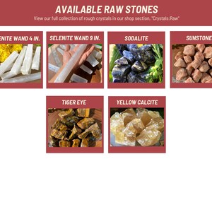 May include: A collection of raw stones, including selenite wands, sodalite, sunstone, tiger eye, and yellow calcite. The stones are displayed on a wooden surface.