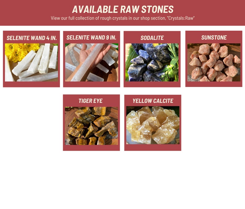 May include: A collection of raw stones, including selenite wands, sodalite, sunstone, tiger eye, and yellow calcite. The stones are displayed on a wooden surface.