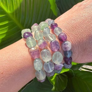 Fluorite Bracelet, Tumbled Fluorite Crystal Stretch Bracelet, Green Purple Rainbow Fluorite, Natural Polished Gemstone Beads, Wholesale Bulk