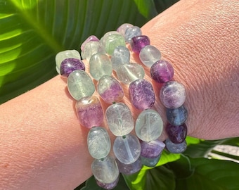 Fluorite Bracelet, Tumbled Fluorite Crystal Stretch Bracelet, Green Purple Rainbow Fluorite, Natural Polished Gemstone Beads, Wholesale Bulk