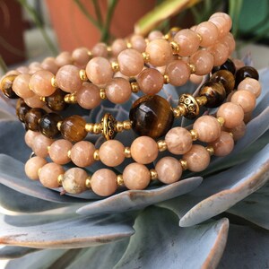 SUNSTONE Mala Beads, 108 Tiger Eye Wrist Mala, Mala Bracelet, Meditation Bracelet, Memory Wire Bracelet, Gift for Mom, Wrap Bracelet