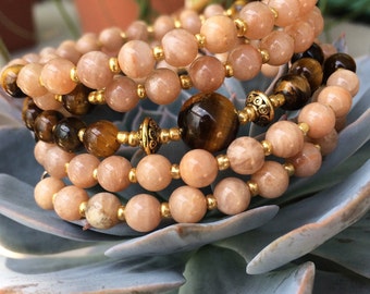 SUNSTONE Mala Beads, 108 Tiger Eye Wrist Mala, Mala Bracelet, Meditation Bracelet, Memory Wire Bracelet, Gift for Mom, Wrap Bracelet