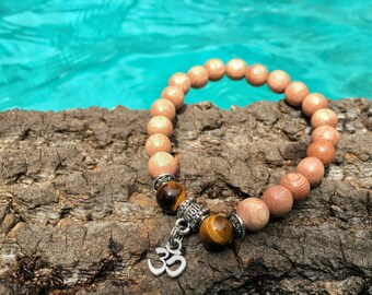 TIGER EYE & Rosewood Om Wood Bracelet Custom Design Charm TIGER EYE & Rosewood Om Wood Bracelet Custom Design Charm