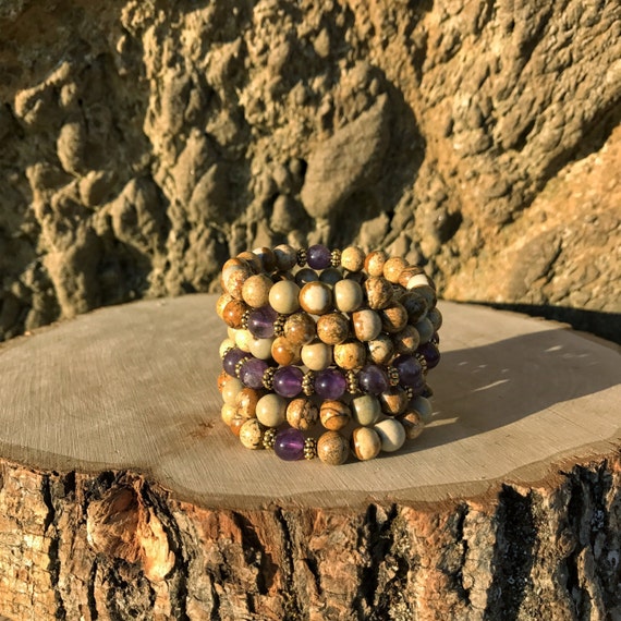 AQUARIUS Zodiac Bracelet | AMETHYST & JASPER 108 Bead Mala | January February Birthday | Meditation, Prayer, Yoga Beads, 108 Mala Beads