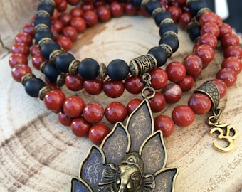 RED JASPER & Onyx 108 Mala Beads | Mala Necklace with Ganesh Ganesha Charm | Yoga Meditation Beads, Hindu Buddhist Prayer Beads | Buddha