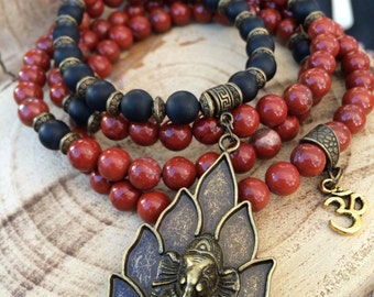 RED JASPER & Onyx 108 Mala Beads | Mala Necklace with Ganesh Ganesha Charm | Yoga Meditation Beads, Hindu Buddhist Prayer Beads | Buddha