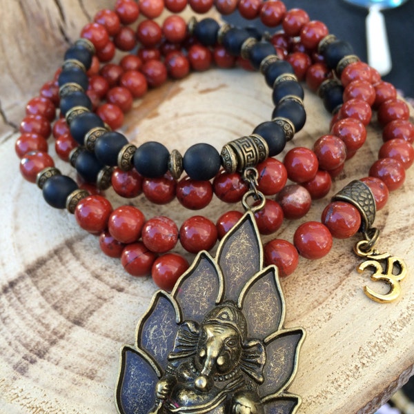 RED JASPER & Onyx 108 Mala Beads | Mala Necklace with Ganesh Ganesha Charm | Yoga Meditation Beads, Hindu Buddhist Prayer Beads | Buddha