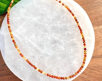 Carnelian Necklace, 2-3mm Faceted Carnelian Crystal Necklace, 14-16 in. Small Bead Gemstone Choker, 100% Natural Grade A Crystal Jewelry