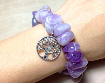 AMETHYST Bracelet -Choose Charm: Hamsa Hand, Yoga Om, Namaste, Tree of Life - Natural Amethyst Tumbled Stone Bead Bracelet for 6th Chakra