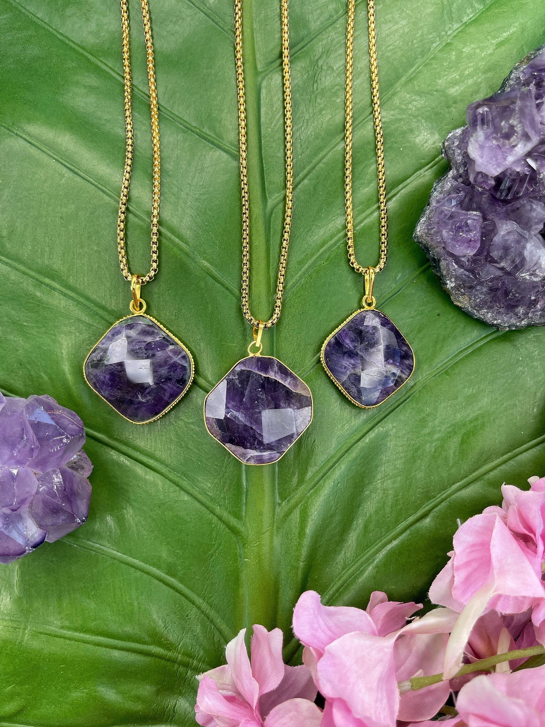 Amethyst Crystal Medallion Necklace on Gold Chain Faceted Amethyst