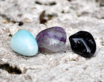 CAPRICORN Set of 3 Crystals | Onyx, Fluorite, Blue Aragonite | Tumbled Gemstone | Astrology Zodiac Meditation Yoga December January Birthday