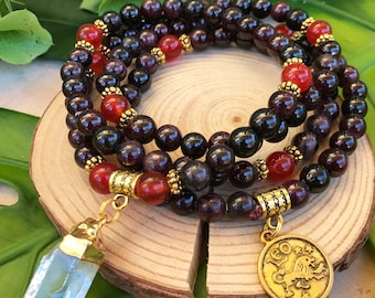 LEO Zodiac Mala Beads | 108 Bead Mala for July August Birthday Gift | Meditation Yoga Beads, Prayer Beads, 108 Mala Necklace, Garnet Mala