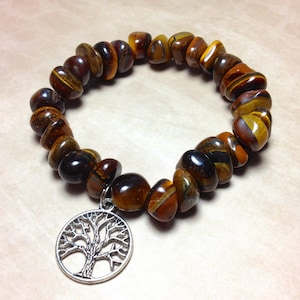 TIGER EYE Bracelet - Solar Plexus Chakra - Choose Charm: Hamsa Hand, Yoga Om Symbol, Tree of Life, Ankh- Tiger&#39;s Eye Natural Bracelet