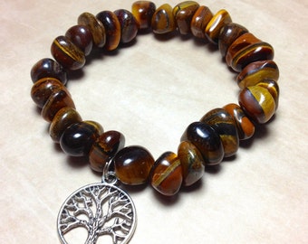 TIGER EYE Bracelet - Solar Plexus Chakra - Choose Charm: Hamsa Hand, Yoga Om Symbol, Tree of Life, Ankh- Tiger's Eye Natural Bracelet