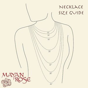 May include: Necklace size guide illustration showing necklace lengths from 14 inches to 40 inches. The image features a stylized drawing of a person's back and neck with various necklace lengths displayed. The text "NECKLACE SIZE GUIDE" is at the top.