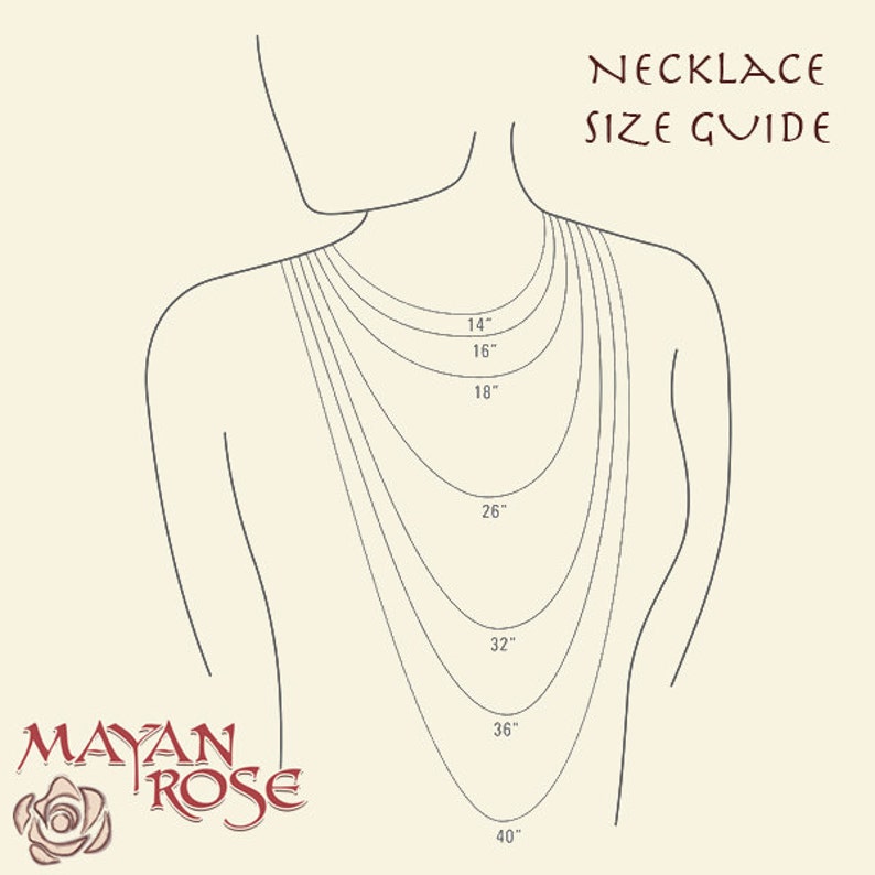 May include: Necklace size guide illustration showing necklace lengths from 14 inches to 40 inches. The image features a stylized drawing of a person's back and neck with various necklace lengths displayed. The text "NECKLACE SIZE GUIDE" is at the top.