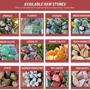 May include: A collection of 12 different raw stones, including emerald, fluorite, fuchsite, green aventurine, green calcite, lepidolite, orange calcite, peach moonstone, pyrite, rainbow moonstone, red jasper, and rose quartz. Each stone is displayed in a separate square with a white background and a red border. The stones are arranged in four rows of three.
