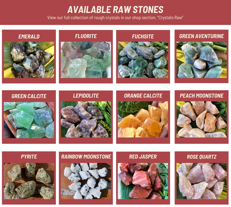 May include: A collection of 12 different raw stones, including emerald, fluorite, fuchsite, green aventurine, green calcite, lepidolite, orange calcite, peach moonstone, pyrite, rainbow moonstone, red jasper, and rose quartz. Each stone is displayed in a separate square with a white background and a red border. The stones are arranged in four rows of three.