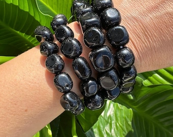 Obsidian Bracelet, Tumbled Crystal Stretch Bracelet, Natural Black Obsidian Gemstone Beaded Bracelet, One Size, Premium High Quality
