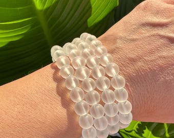 Clear Quartz Bracelet, Matte Crystal Quartz Stretch Bracelet, Natural Healing Gemstone Beaded Bracelet, Bracelets for Women, Men's Bracelet