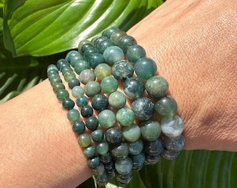 Moss Agate Crystal Bracelet, 4mm, 6mm, 8mm Bead Stretch Bracelets, Premium Natural Gemstone Jewelry, Green Agate Bracelet, Wholesale Bulk