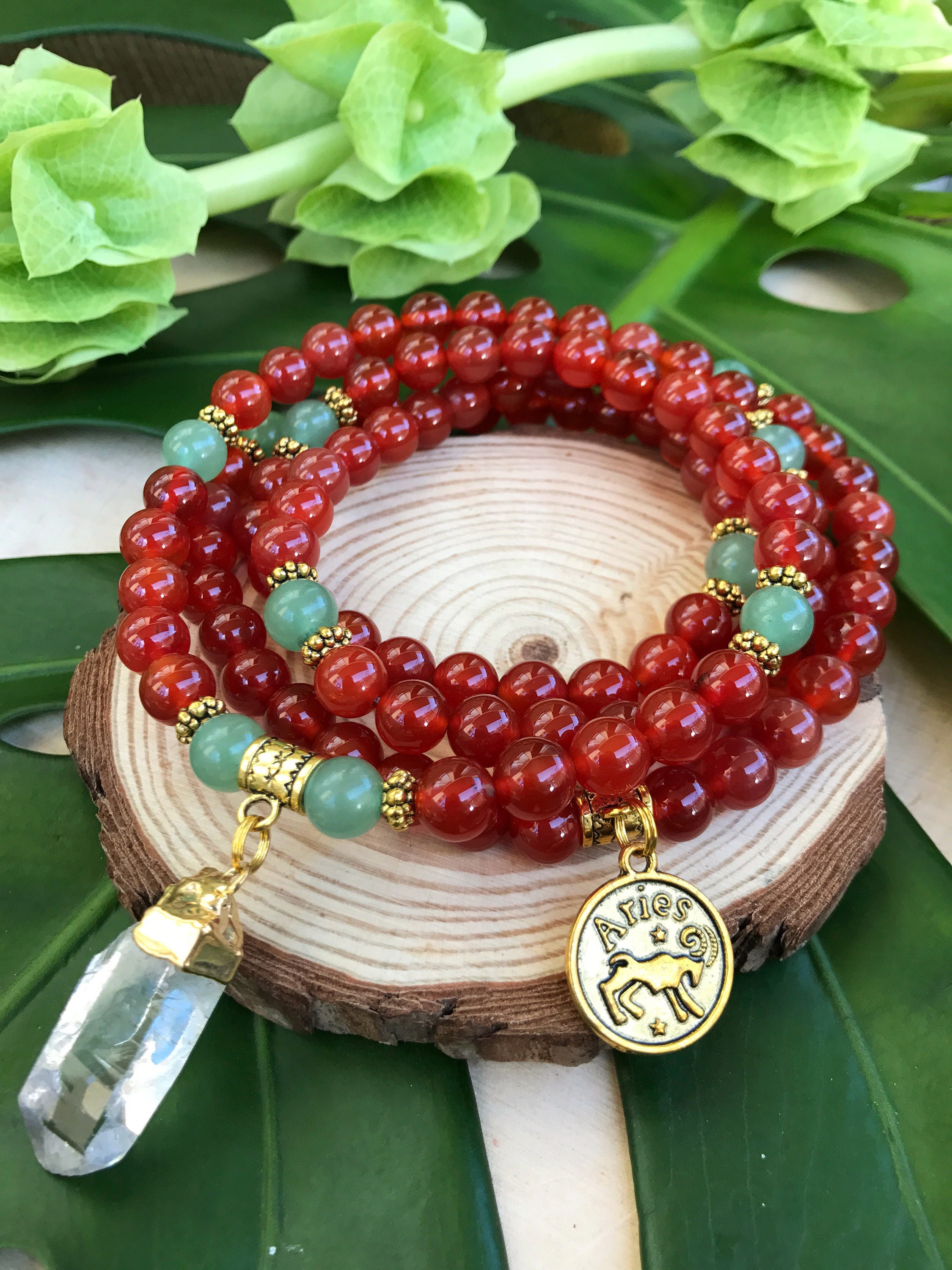 ARIES Zodiac Mala Beads, 108 Bead Carnelian Mala for March April Birthday  Gift