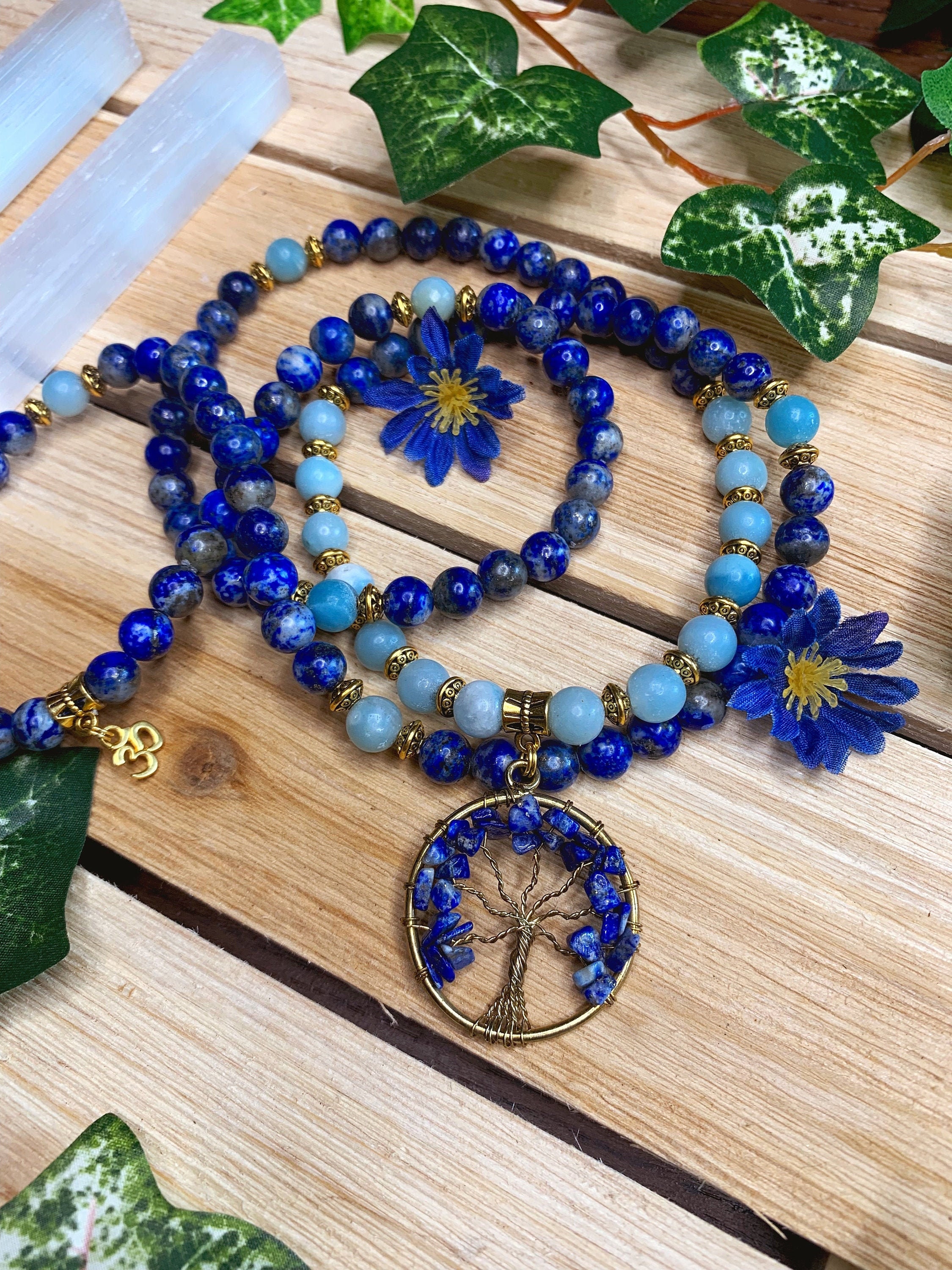 LAPIS AMAZONITE Mala Beads Tree of Life Necklace 108 Mala Necklace Lapis Lazuli Meditation Beads Yoga Jewelry Spiritual Gifts