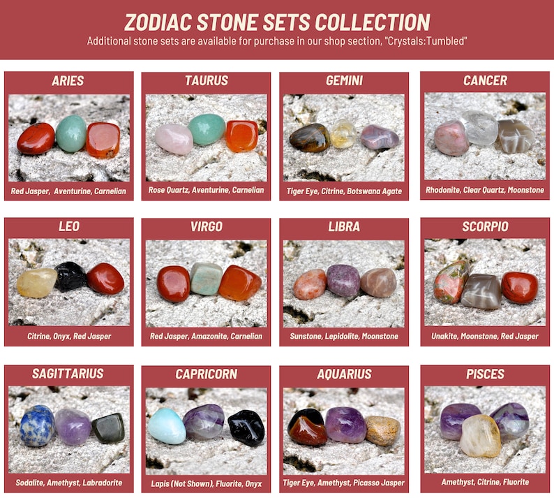 Puede incluir: Colecci&oacute;n de conjuntos de piedras zodiacales con tres piedras pulidas para cada uno de los doce signos astrol&oacute;gicos. Cada conjunto est&aacute; etiquetado con el nombre del signo y los nombres de las piedras incluidas.